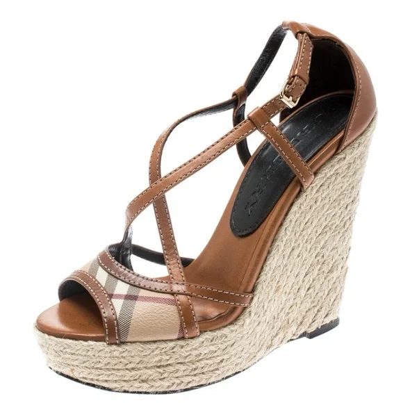 Burberry Brown Leather Novacheck Cross Strap Espadrille Wedge Sandals - Picture 6 of 8